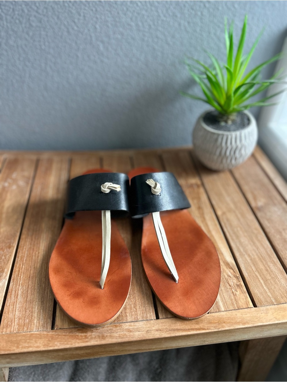 Lucky Brand Black Leather Strap Sandals with Brown Footbed